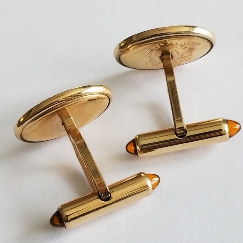 Vintage Krementz cuff links mens gold tone engraved monogram BFB orange